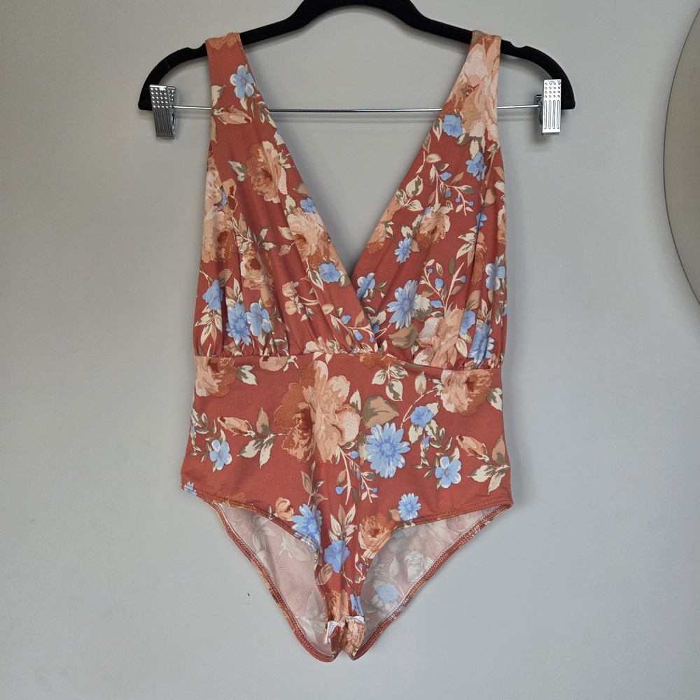 Floral V-Neck Bodysuit in Rust and Blue